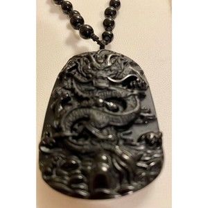❌sold❌Carved Dragon Black Obsidian stone necklace,Oval Chinese ancient amulet